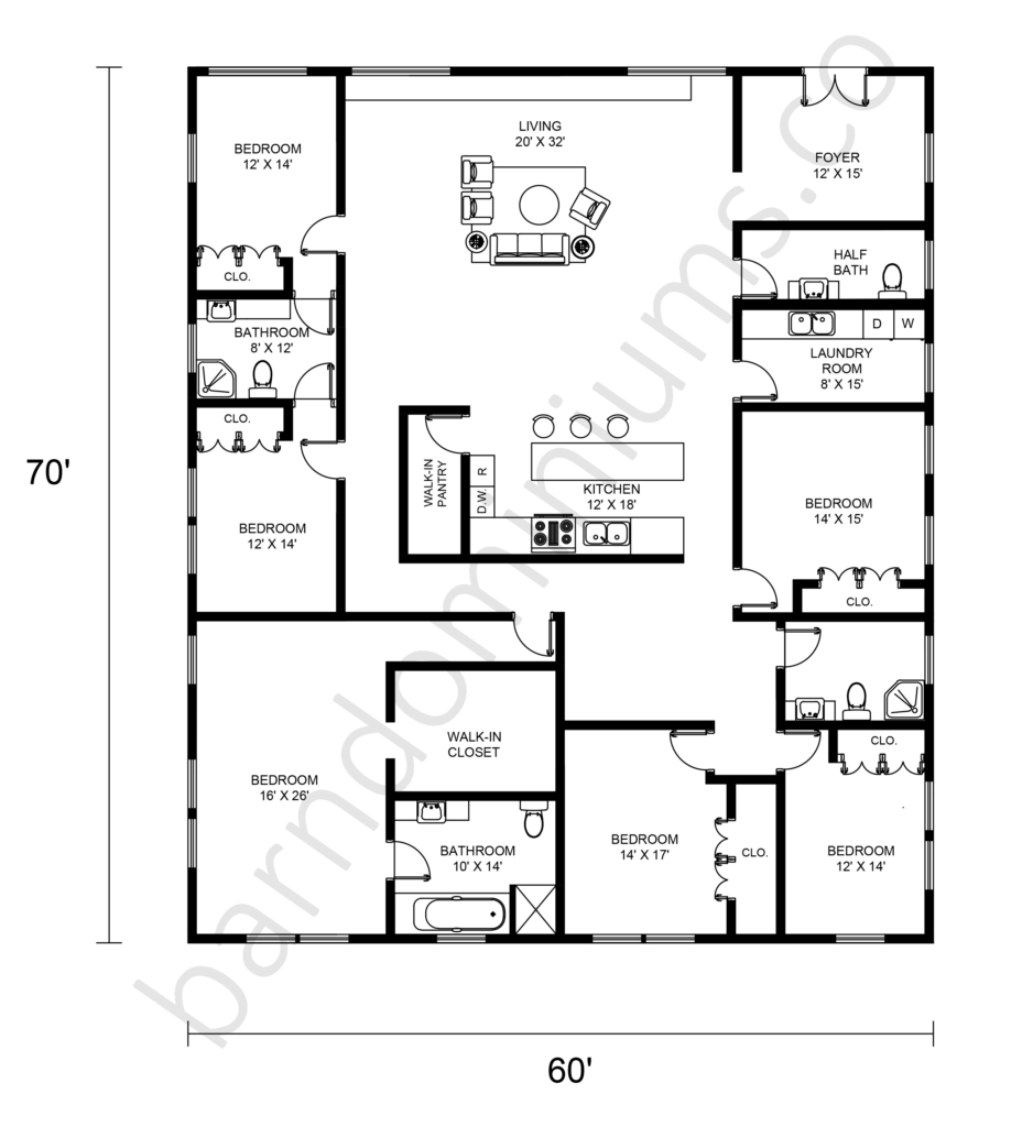 6 bedroom Barndominium floor plan that is 70 by 60
