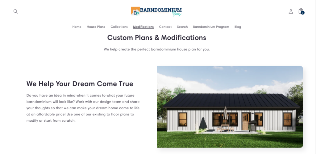 Screenshot of BarndominiumPlans.com modifications page, highlighting the “Custom Plans & Modifications” section with a modern white and black barndominium image and a description of custom design services.